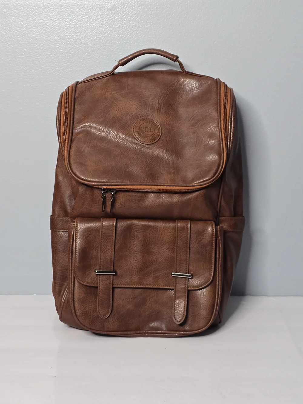 Brown Faux Leather Multi-Pocket Travel Backpack
